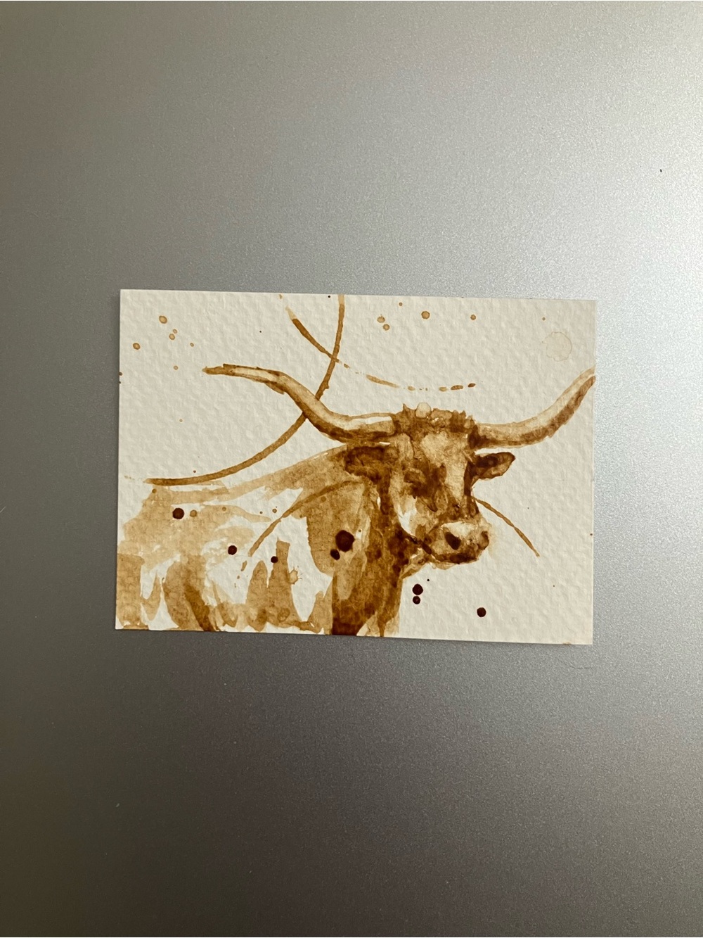 ORIGINAL Texas longhorn bull coffee painting aceo cow art miniature artwork USA